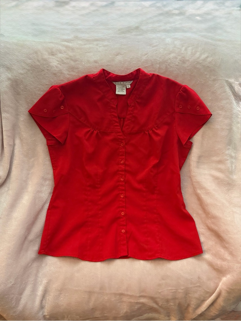 Fred David Red Button-Front Short Sleeve Blouse